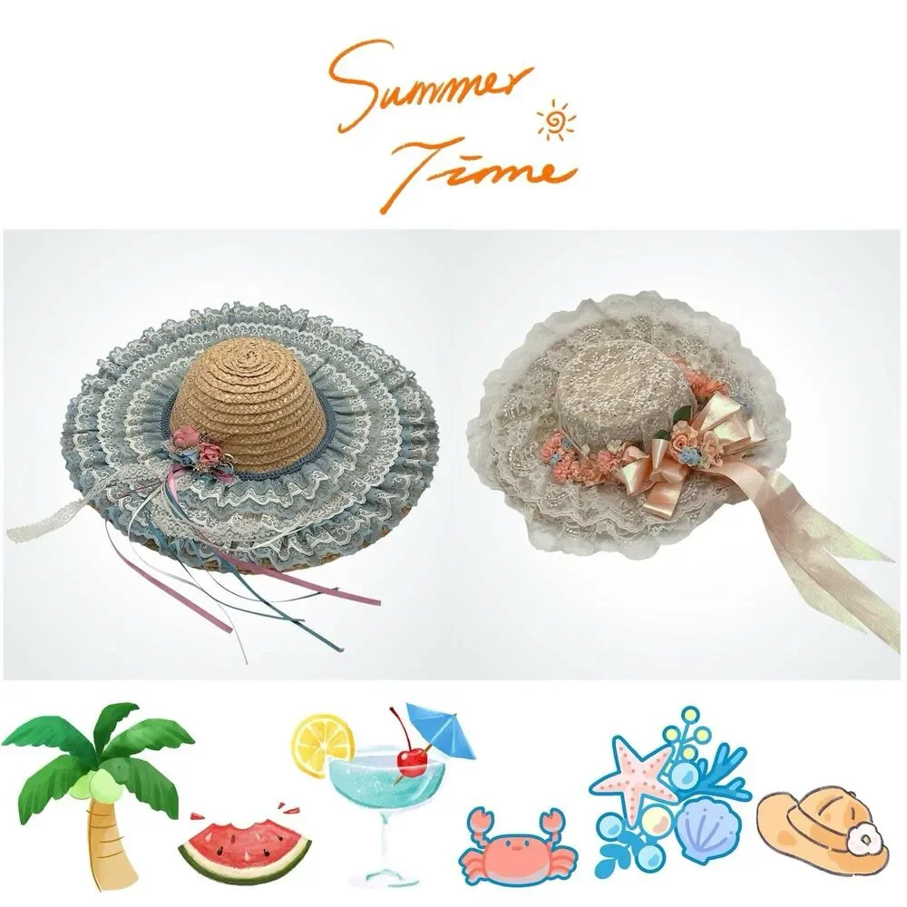 Vintage Romantic Lace Straw Sun Hat Lot Floral Ribbon Wide Brim Cottagecore 2 Pc